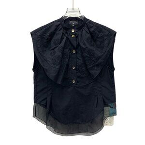 Chanel Black Camellia Embroidered Sleeveless Shirt Single-Breasted Round-Neck 36